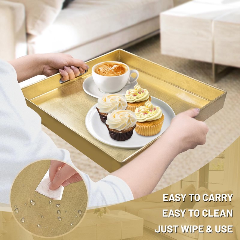 MAONAME Gold Decorative Tray with Handles, Foil Serving Tray for