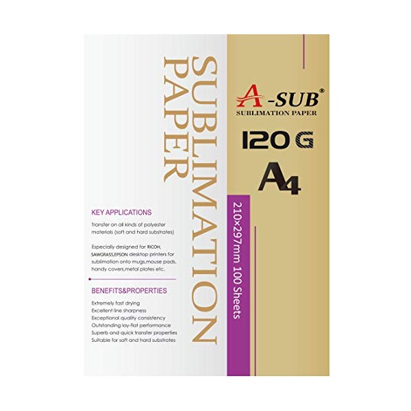 A-SUB Sublimation Paper A4, 210x297mm, 100 Sheets, 120gsm, Compatible with