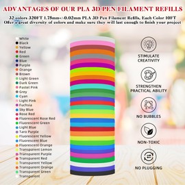 EWPJDK 32 Colors 320ft PLA 3D Pen Filament Refills Each Color 10 feet 1.75mm 3D Pen Filament (32 Colors)