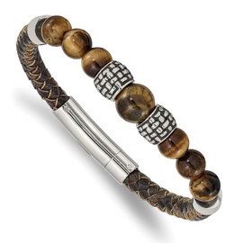 Auriga Fine Jewelry Stainless Steel Antiqued and Polished Tiger's Eye Beads Brown Leather Bracelet 8.5"