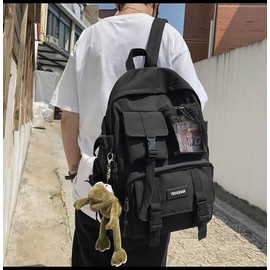 MININAI Aesthetic Backpack with Cute Frog Pendant for Women Men Preppy Laptop Backpack Japanese Harajuku College Backpack (Black,One Size)