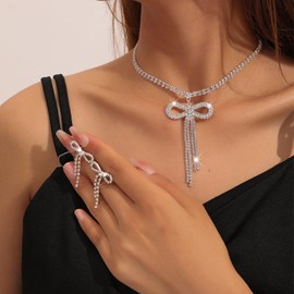 Bow Necklace and Earrings Set for Women Rhinestone Bow Pendant Necklace Sparkly Bow Earrings Crystal Bowknot Choker Necklace Bowknot Bow Tie Earrings Trendy Jewelry Gifts