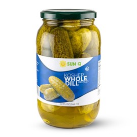 Sun Q Kosher Whole Dill Pickles, 34fl oz | Crisp, Sour & Flavorful | Perfect for Snacking, Sandwiches & Relishes | Gluten-Free, Non-GMO