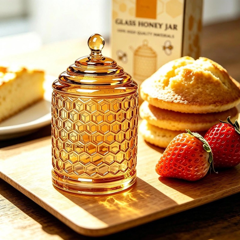 QFkris Champagne Crystal Glass Honey Pot with Dipper Sticks