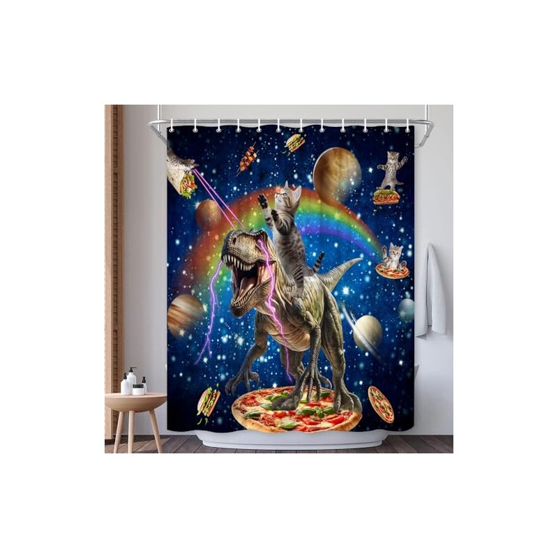 EUBTPA Funny Animal Shower Curtain Fun Cat Riding Dinosaur Fantasy
