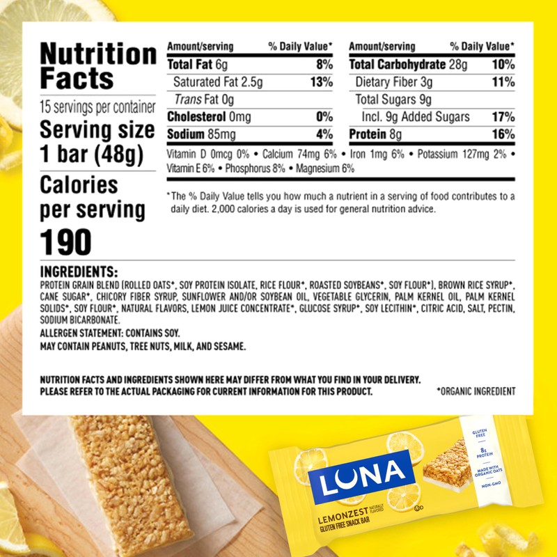 LUNA Bar - LemonZest Flavor - Gluten Free Snack Bars