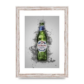 Lithobee - Peroni Bottle Splatter - Printed Wall Art Design in Sizes A2, A3 & A4 Framed in a Stylish Quality Coloured Frame or Unframed (A4 White Distressed Frame)