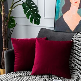Burgundy Red Velvet Throw Pillow Covers Euro Soft Solid Decorative Pillowcase Set Square Cushion Case for Sofa Bedroom Car 2 Pcs 24 x 24 inch 60 x 60 cm