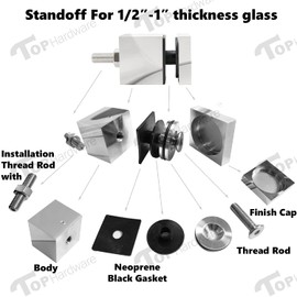 Stainless Steel 316 Grade 2" x 2" Heavy Duty Staircase Glass Railing Square Standoff Base and Cap for Concrete Wall Mirror Finish 1 Pcs (SO-050SQ-TR-M Threaded Rod)