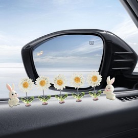 Kurilai 7pcs Cute Car Rearview Mirror Accessories, Funny Bunny Car Ornament, Shaking Spring Transparent Sunflower Car Dashboard Decoration, Rabbit Car Interior Decor Festival Car Present for Men Women