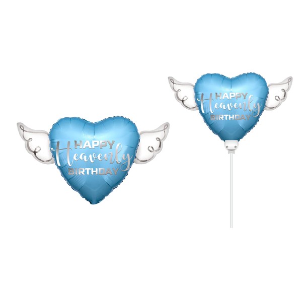Happy Heavenly Blue Birthday Balloons Heart Shaped with angel wings