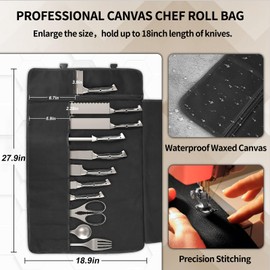 Upgraded Chef Knife Roll Bag, Waterproof Waxed Canvas Knife Case Holds Size Up to 18'', Portable Knife Holder with 11 Slots for Knives & Kitchen Tools with Adjustable Strap, Gift for Beginner or Pro