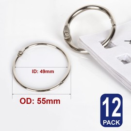 Binder Hinged Rings Loose Leaf Clips, 12 pcs,55mm (Inner Dia: 50mm) Large, Paper Hinge Metal Book Booking Steel Keychain Split Album Craft Snap Office Hoops Punch Scrap Cards Ring Clip Bulk Binders