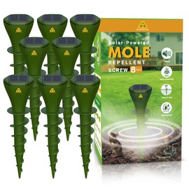 Mole Repellent for Lawns Gopher Screw Repeller Solar Powered Outdoor Groundhog Deterrent Vibration Stakes - Quiet Get Rid of Snake Vole Armadillo - No Poison Kill Traps (Green 8pack)