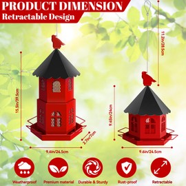 Bird Feeders for Outdoors Hanging, ULENDIS Metal Bird feeders for Outside Attracting Wild Birds, Installation-Free Large Bird Feeder for Garden Cardinal Finch Blue Jay (Red)