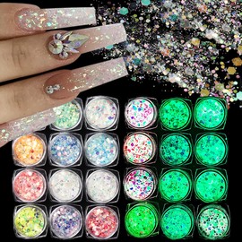 Fcozpjk Chunky Nail Glitter, 12 Colors Iridescent Mermaid Nail Sequins, Hexagon Nail Flakes, Glow in The Dark Nail Glitter Powder Kit, Sequins for Nail Art Face Body Resin Craft