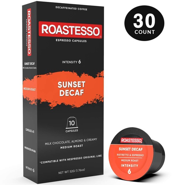 Roastesso Coffee, Sunset Decaf Espresso Pods, Nespresso Capsules Compatible with OriginalLine Machines, Medium Roast, Intensity 6, Natural Decaffeinated, Decaffeinato Ristretto (40 Count)