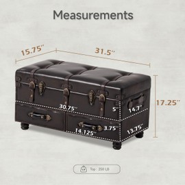 LONYKE Vintage Treasure Chest Bench with Latch Closure and Buckle Trunk, Farmhouse Faux Leather Storage Ottoman Bench for Living Room, Entryway, Bedroom, Sponge Padded ，Black Brown