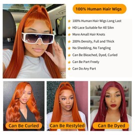 SWOTHEW 32 inch 13x6 Ginger Wig Human Hair Straight Ginger Orange Lace Front Wig Human Hair 200% Density HD Transparent Lace Frontal Wigs Pre Plucked with Baby Hair 350 Wigs for Black Women