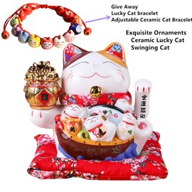 TONGMAN 7" White Ceramic Maneki Neko Lucky Cat Waving Cat, Ornately Decorated Porcelain for Business Opening