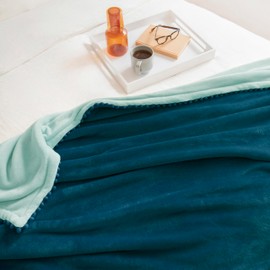 MONDAY MOOSE Cozy Fleece Throw Blanket with Pom Pom Fringe, Super Soft Flannel Blanket, Double-Sided Designs, for Couch Bed Sofa Home Decor (50x60 inch, Blue/Light Aqua)