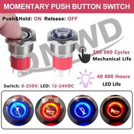 DMWD Horn Push Button Switch 19mm Heavy Duty 20Amp 12V-24V (ON)-Off Momentary Horn/Speaker Metal Switch Waterproof Anti-Vandal with Pre-Wired Socket for 3/4" Mounting Hole Blue LED Silver Shell