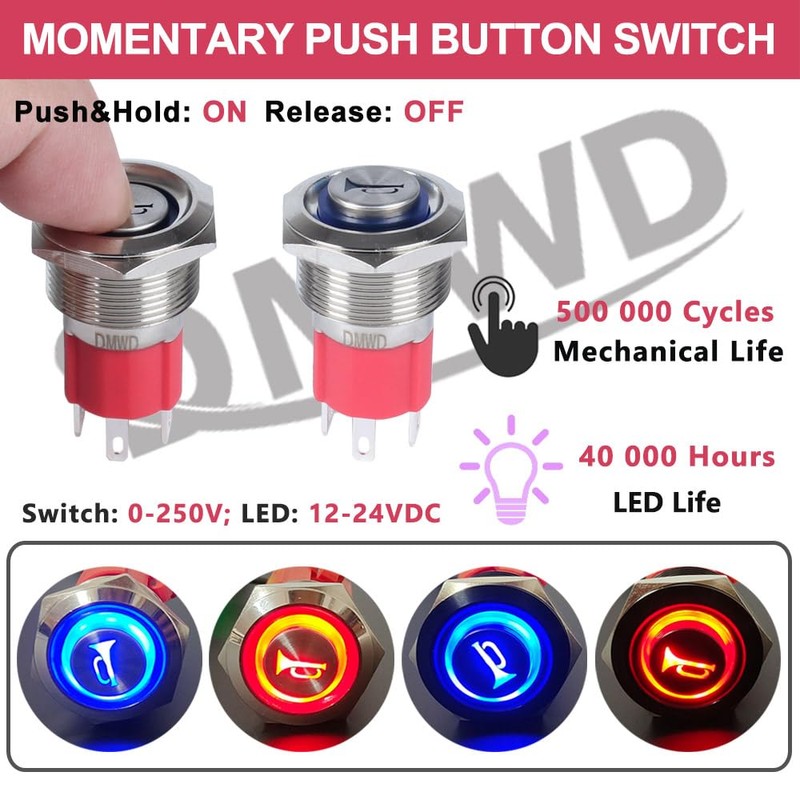 DMWD Horn Push Button Switch 19mm Heavy Duty 20Amp 12V-24V