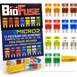 BioFuse Micro2 APT ATR 15 Piece Automotive Car Fuse Assortment Pack (Set of 14 Micro 2 Blade Fuses + Fuse Puller) 5A 7.5A 10A 15A 20A 25A 30A