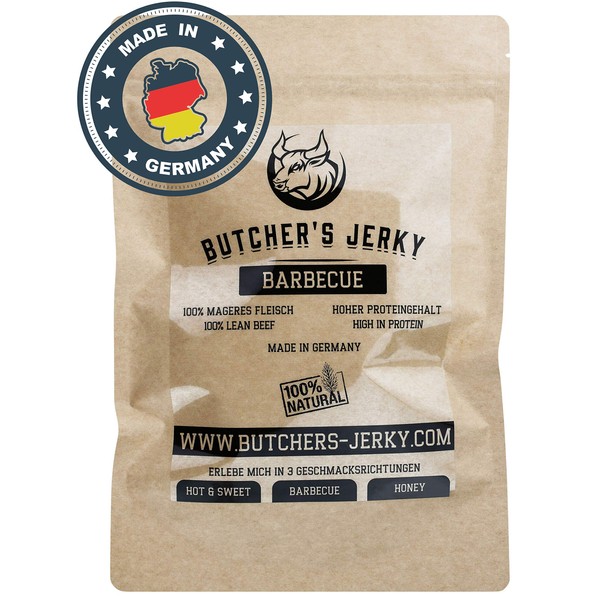 Butchers Jerky Beef Jerky Made in Germany with High Protein Content, 3 Flavours, Regional Meat, Best Ingredients (Barbecue, 250 g)