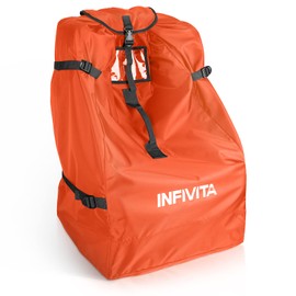 INFIVITA Transport Bag Child Seat - Pushchair Transport Bag Aeroplane 600D Oxford Fabric, Child Seat Transport Bag with Cover, ID Window, Floor Cushion, 45 x 45 x 85 cm, Orange, orange, Car seat