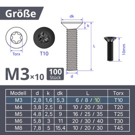 ORTAVA Countersunk Screws M3 x 10 mm, M3 Countersunk Screws Torx 304 Stainless Steel, Countersunk Head Screws with Hexalobular Socket/Torx (ISR/TX) According to ISO 14581 / DIN 965, for Machines,