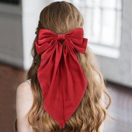 Big Bow Hair Clips - Hair Bows with Long Silky Satin Solid Color French Barrette Simple Hair Fastener Accessories for Women Girls Gift (Black red)