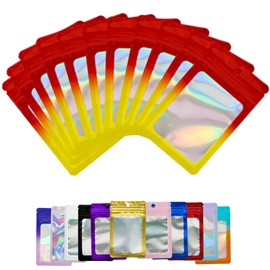 100 Pieces Red Fade Yellow Resealable Mylar Holographic Bags Food Storage Smell Proof Bags with Front Window Packaging Pouch for Cookies Sample Jewelry Snack,4.14 * 5.91 inches