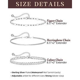 Melshabt Sterling Silver Ankle Bracelets for Women 925 Silver Lobster Clasp - Cuban Link, Figaro, Snake Herringbone - Summer Beach Waterproof Silver Anklet for Women