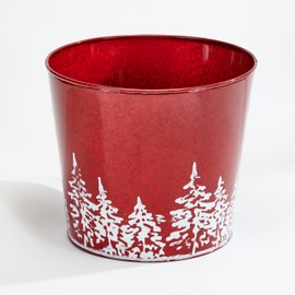 Worth Imports Red Galvanized Metal Christmas Planter Bucket with Tree Design, 10.5" Height, 12" Diameter, Set of 2