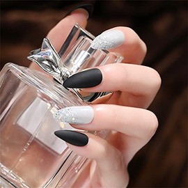 Shiny Sequin Powder-paved Press On False Nails Short Medium Length Full Cover Almond Shaped Acrylic Fake Nails for Women Lady Summer Fashion Nails for Nail Salons and Home DIY Nail Art 24 PCS (NF-603-1 Black)