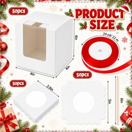 100 Pcs 4"x4"x4" Caramel Apple Boxes with Window, Base, Sticks & Ribbon