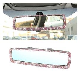 Car Bling Rearview Mirror, Rhinestones Crystal Diamonds Rear View Mirror with HD Glass, Universal Clip-on Rear View Mirror for Cars, Vehicles, SUVs, Car Accessories for Women Girls (Pink)