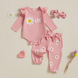 Geagodelia Infant Baby Girl 1st Birthday Outfits Long Sleeve Daisy Letter Embroidery Romper Bodysuit and Floral Print Pants and Headband Sets 3Pcs Birthday Clothes for Baby Girl (Pink, 12-18 Months)