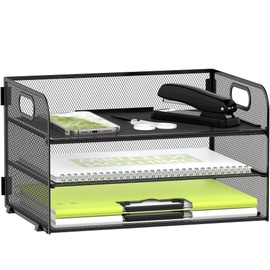 Daltack Organizador de papel de 3 niveles con asa, organizador de escritorio de malla, bandeja de cartas, organizador de archivos para carpetas A4, co