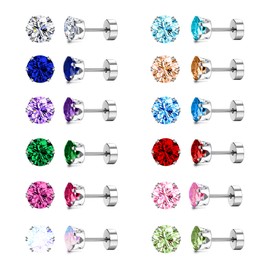 Dochais 6-24 Pairs Stainless Steel CZ Stud Earrings Set, Multicoloured, Women's Colourful Earrings Plugs, Hypoallergenic Coloured Earrings Set, Helix Piercing Cartilage Earrings for Women Girls Men