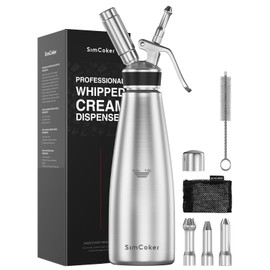 SimCoker Professional Whipped Cream Dispenser, 1000ML, Stainless Steel Cream Whipper Set with 3 Decorating Nozzles/1 Brush/1 Storage Bag, Whipped Cream Maker without N2O Chargers