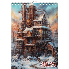 2025 Wall Calendar [12 pages 8"x12"] Incredible Steampunk Buildings with Incredible Clocks Vintage Book Illustration Poster