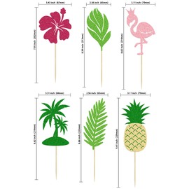Paquete de 6 decoraciones tropicales para tartas con brillantina, flamenco, flores, piña, hoja de palma, decoración para tartas de verano tropical hawaiano luau, tema baby shower, suministros de fiesta de cumpleaños para niños