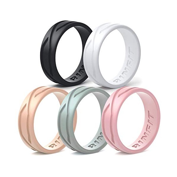 Rinfit Silicone Wedding Rings for Women - 5 Pack - Comfortable Durable Wedding Ring Replacement - U.S. Design Patent (Black, Pastel Peach, White, Pastel Green, Pastel Pink, 6)