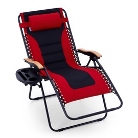 PHI VILLA XXL Oversized Padded Zero Gravity Chair, Foldable Patio Recliner, 30" Wide Seat Anti Gravity Lounger with Cup Holder, Support 400 LBS (Red)