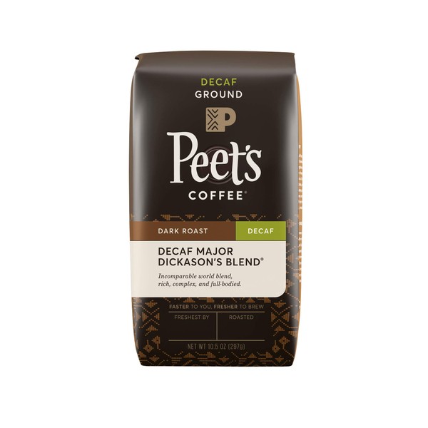 Peet's Coffee Decaf Major Dickason's Blend, Dark Roast Ground Coffee, 10.5 Ounce Bag, Decaffeinated