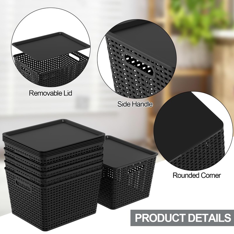 Morcte 6-Pack Black Stackable Plastic Storage Baskets with Lids