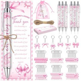 EYNDYN 145 Pieces Pink Bow Baby Shower Gifts for Guest Ballpoint Pens and Keychains Favors Bulk Retractable Baby Shower Pens Gender Reveal Thank You Cards Souvenirs Prizes