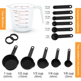 Cucharas Medidoras y Tazas medidoras, Juego de 13 Tazas y Cuchara Medidora Graduadas de Precisión Apilables, Cucharas Medidoras de Cocina Cucharillas Pequeñas para Sólidos Líquidos y Polvos (Negro)…